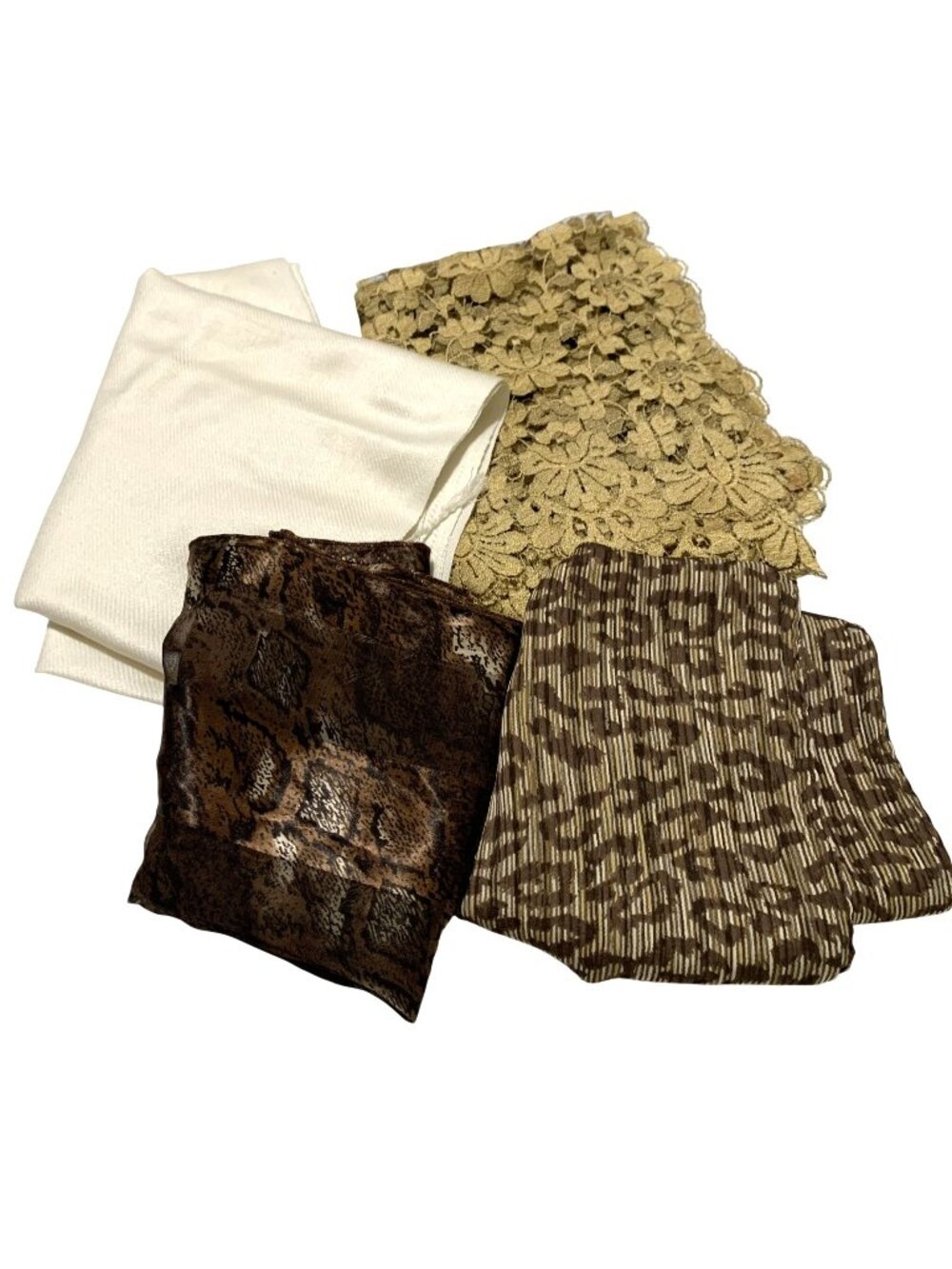 Lot of 4 Vintage Rectangle Scarves Scarf Animal Print Gold Floral Lace Tassle